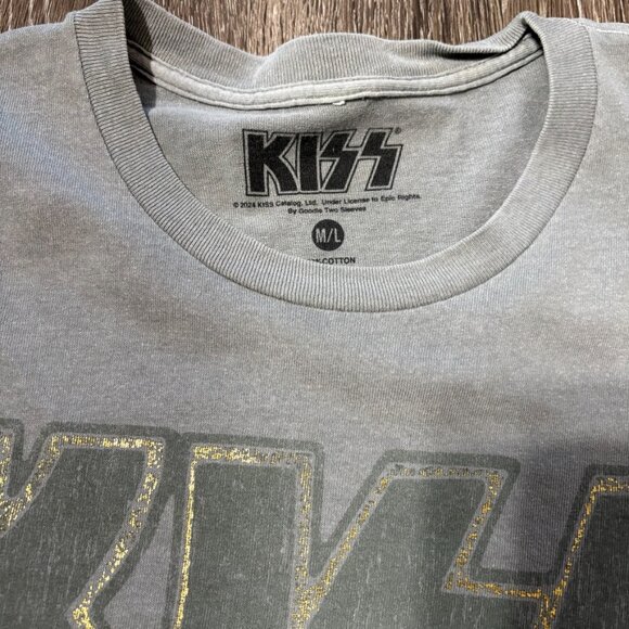 KISS Leopard Lips Graphic Tee M/L Gray Oversized Band Shirt Metallic 100% Cotton - Picture 4 of 6